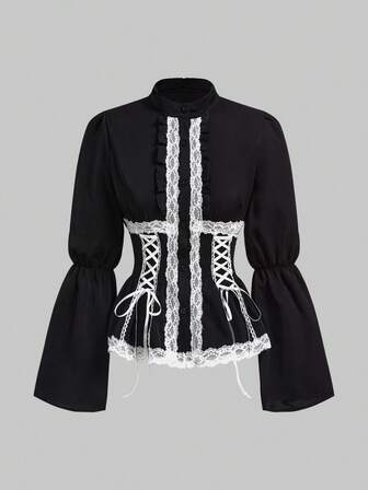 Goth Blusa ajustada con mangas acampanadas, volantes y encaje en el bajo, con efecto desgastado, de estilo gótico vintage para mujer