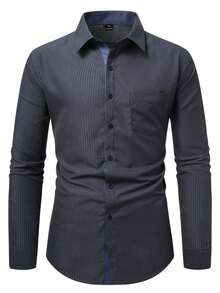 Manfinity Mode Men's Casual/Office Commute Striped Print Patchwork Pocket Long Sleeve Shirt, Spring/Autumn - Multicolor - View 3