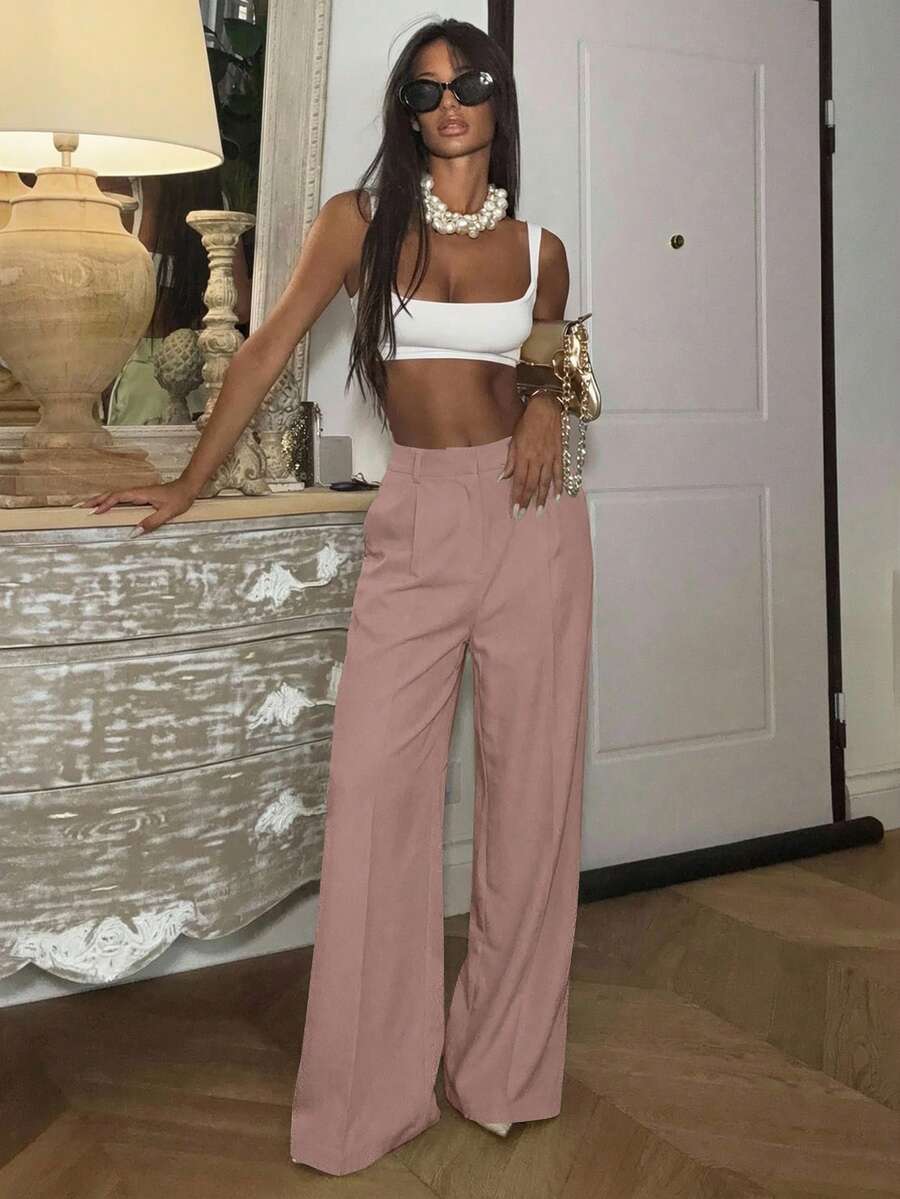 Ronhire Women High Waist Pleat Casual Straight Leg Trousers, Office Wear - Dusty Pink - View 1