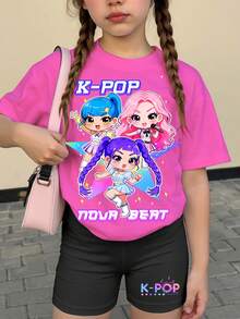 SHEIN 2件套少女休闲韩流女团字母星形印花圆领短袖T恤和短裤套装，适合节日、派对、日常穿着、演唱会等场合。 - 彩色 - 查看 2