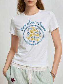 SHEIN Lemon Print Fashionable Minimalist Women's Crop Top, Gift For Friends - White - View 3