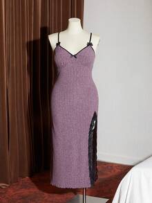 Slumberist Gaun Tidur Camisole Rajut Patchwork Renda & Jala Ukuran Plus - Purple - View 7