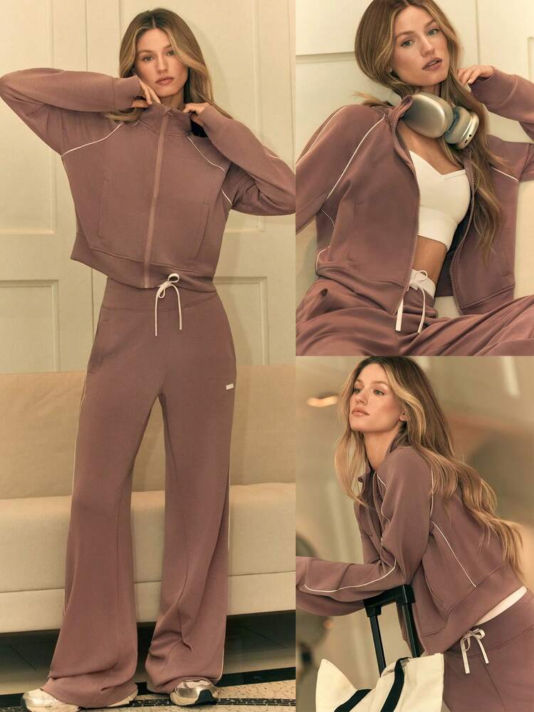 SoftCalm Modal Contrast Piping Waist-Length Thumbholes Fitted Zip-Up Sweatshirt Daily Casual Wear Spring Summer