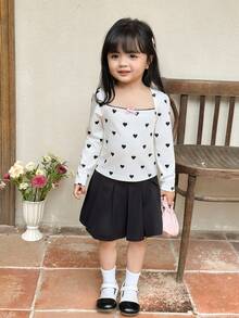 Young Girl Heart Pattern Ruffle Collar Bow Tie Fitted Long Sleeve Cropped Casual Elegant T-Shirt, Black, Sweet & Cool Girl, Personalized Sweet, School Style, Back To School Season - White - View 5