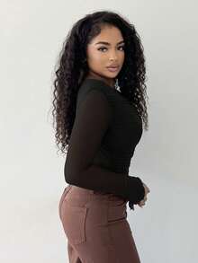 Alexandranx Women Solid Brown Oblique Shoulder Ruched Asymmetric Hem Mesh Knit Long Sleeve T-Shirt, Fall Women Tops, Asymmetrical Neck Top