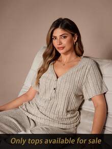 Lazeform 大码V领舒适修身短袖休闲上衣家居服 大码女式睡衣 大码睡衣 女士睡衣 大码睡衣 曲线睡衣 - 卡其色 - 查看 5