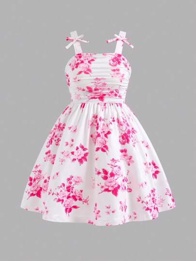 Souflis Souflis Girls' Blue Floral Chinoiserie Digital Print Sleeveless Bow Tie Ruched Cute Sundress, Summer Bestseller New Model, Sleeveless Mid-Length, Beaded Pearl Craftsmanship, High-End Elegant Party & Casual Dress Summer Girls Floral Dress Summer Dresses For Teens Tea Party Dress Garden Party Dress Girls Summer Dress Floral Summer Dress Vintage Style Dress