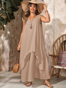 EMERY ROSE Đầm trắng không tay cổ chữ V 2 trong 1 dành cho nữ cỡ lớn, thích hợp cho kỳ nghỉ hè. - Màu Khaki - Xem 4