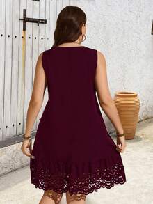 SHEIN Clasi Plus Size Women's Sleeveless Round Neck Hollow Eyelet Dress,Burgundy Summer Smart Casual Vacation Outfits,Wine Printed Casual Spring Dresses - Burgundy - View 2