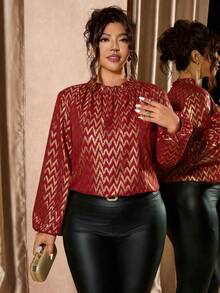 Cravure Blusa elegante y brillante de color caqui para mujer de talla grande, blusa brillante y romántica con volantes para fiestas, adecuada para galas, reuniones formales, citas, reuniones de negocios, estilo urbano de oficina, cuello alto con volantes, puños elásticos, suelta y cómoda, grácil y elegante, blusa de otoño/primavera - Burdeos - Ver 1