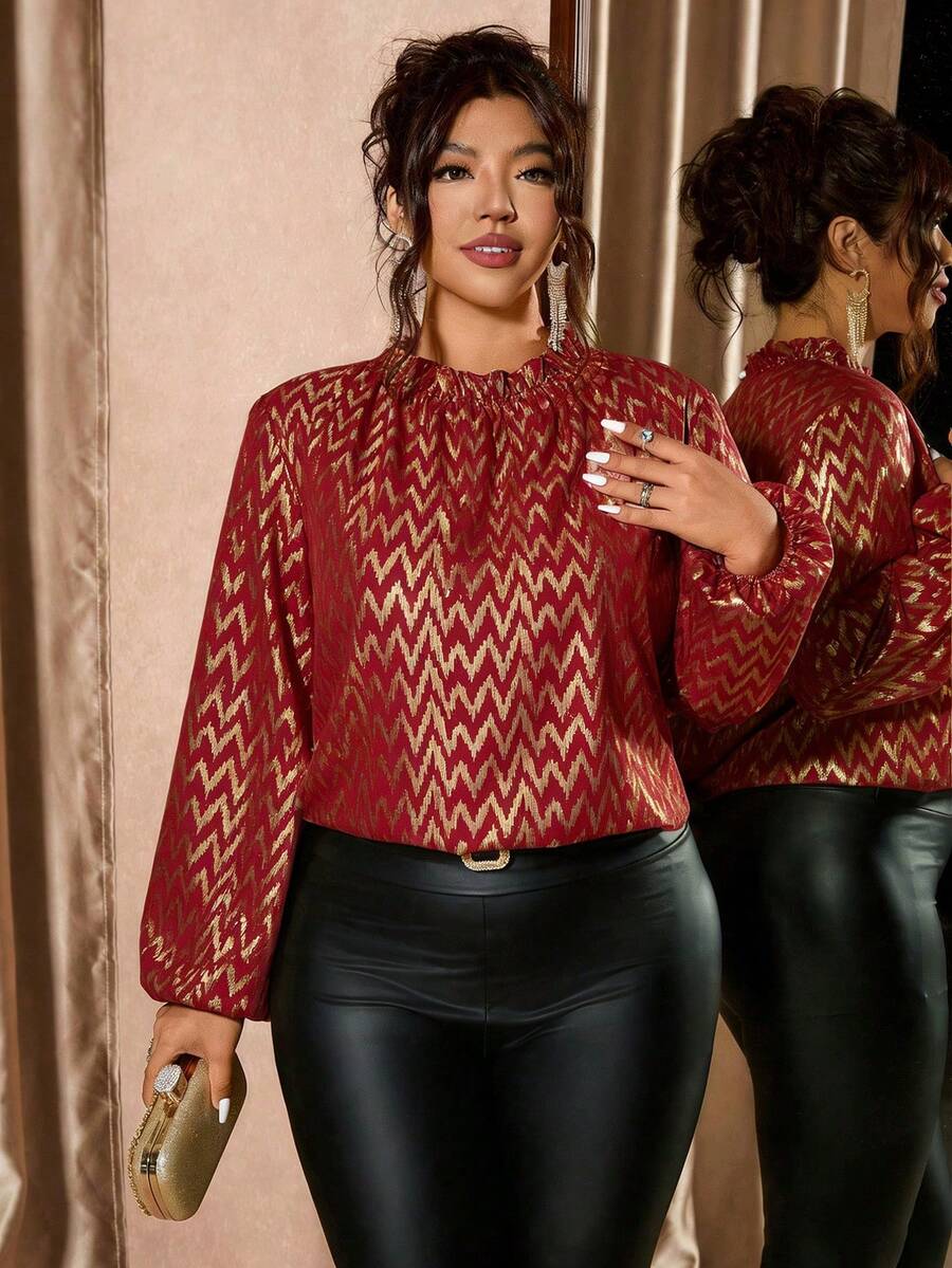 Cravure Blusa elegante y brillante de color caqui para mujer de talla grande, blusa brillante y romántica con volantes para fiestas, adecuada para galas, reuniones formales, citas, reuniones de negocios, estilo urbano de oficina, cuello alto con volantes, puños elásticos, suelta y cómoda, grácil y elegante, blusa de otoño/primavera - Burdeos - Ver 1