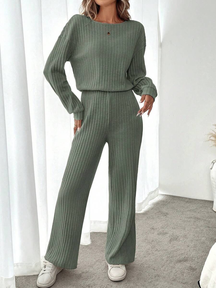 SHEIN LUNE Comfortable Apricot Color Jumpsuit For Women, Casual Home Wear For Autumn Ribbed Two Piece Set Green Two Piece Set Knit Two Piece Set Two Piece Lounge Set Comfortable Two Piece Set - Green - View 1