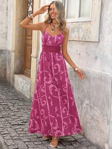 Brillora 女士度假植物印花撞色蕾丝露背吊带连衣裙 - 紫色 - 查看 2