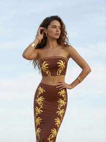 CAJUNI Women's Casual Vacation Tropical Coconut Tree & Banana Leaf Print Strapless Crop Top And Fish Tail Split Hem Skirt 2 Piece Set, Suitable For Dates, Gatherings, Parties, Outings - Coffee Brown - View 1