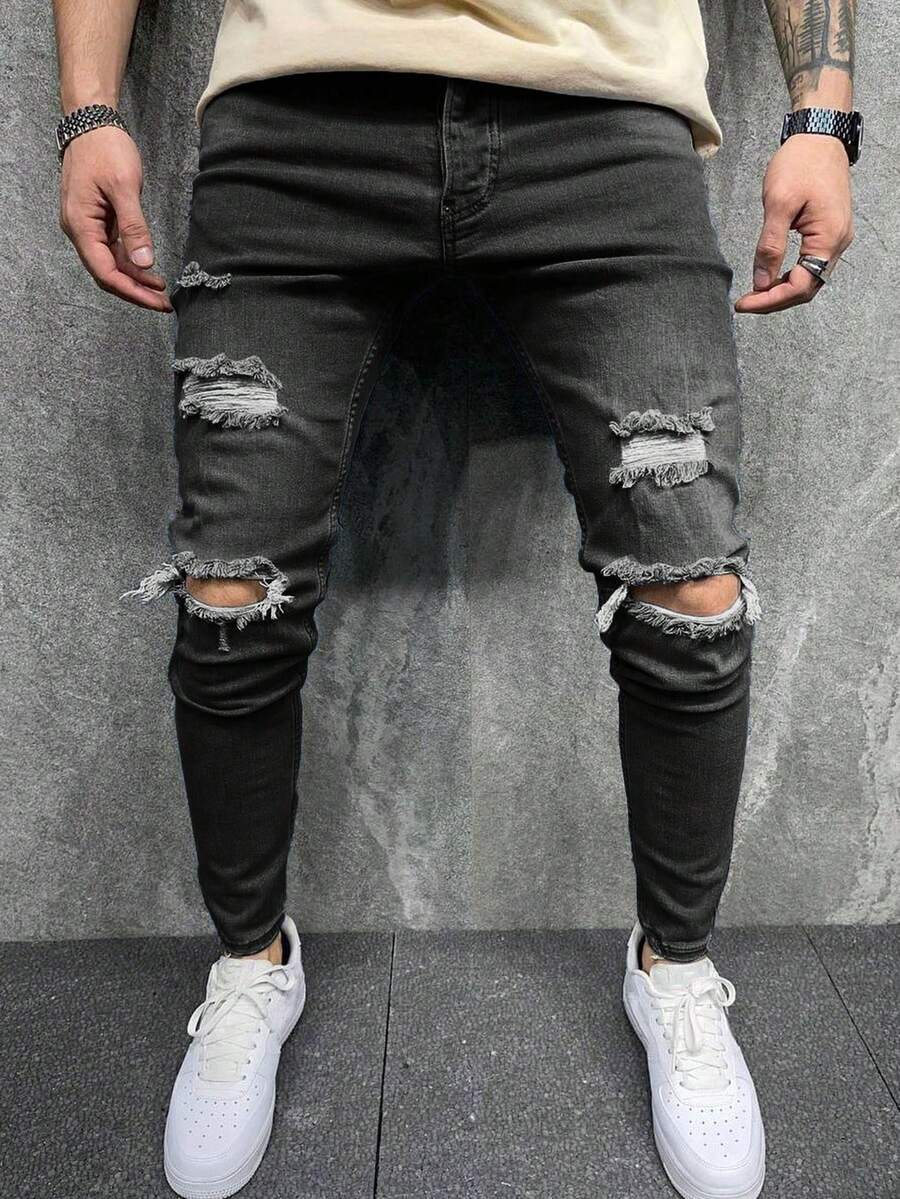 Manfinity LEGND Men's Pocket Distressed Skinny Casual Jeans - Dark Grey - View 1