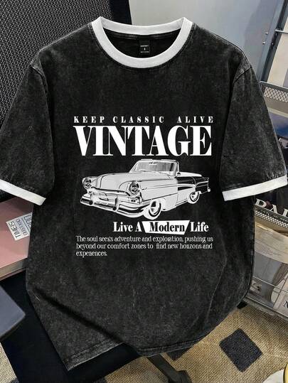 Manfinity Joysei Camiseta negra lavada de talla estándar para hombre con diseño de ribete blanco en las mangas