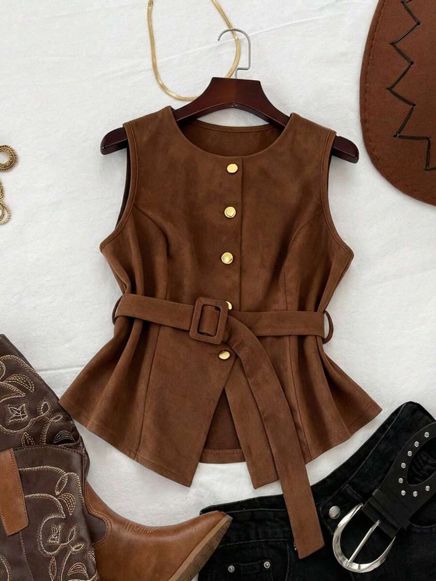 Sweetra 大码休闲通勤系带前扣背心 棕色衣服 棕色女式上衣 咖啡色上衣 深棕色上衣 巧克力棕色上衣 - 咖啡棕 - 查看 1