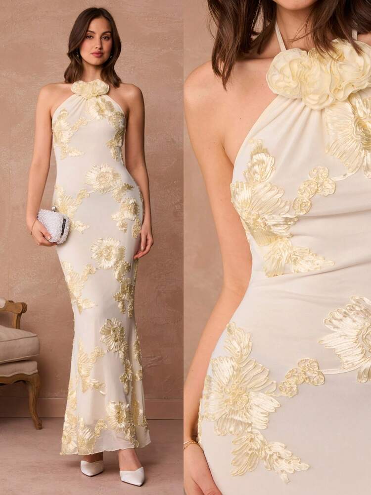 Robe longue moulante sirène à fleurs 3D, dos nu et col montant. Robe de soirée élégante en mousseline de haute qualité pour anniversaire