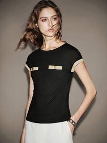 SHEIN Unity Women's Black Short Sleeve T-Shirt,Round Neck Fitted Minimalist Basic Top,Black And Beige,Summer,Elegant,Office Work Tops,Contrast Cuff Faux Pocket - Black - View 3