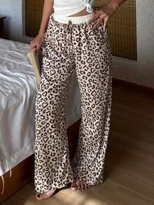 DAZY Leopard Print Patchwork Ruffle Waist Straight Loose Women Pajama Bottoms