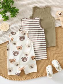SHEIN 3pcs Newborn Baby Unisex Casual Cute Cartoon Bear Print Sleeveless Romper Set, Summer - Multicolor - View 3