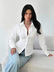 Firerie Women's Blue And White Striped Long Sleeve Shirt, Tie-Waist Shirt, Casual Commuter Shirt, Vacation Shirt, Cinched Waist Striped Shirt, Suitable For Spring, Summer, Autumn And Winter, Elegant, Vacation, Bohemian, Work Attire White Blouses Elegant Women White Shirt White Long Sleeve Blouse - White - View 3