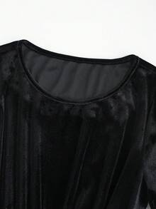 GlowEve 女士天鹅绒拼布网眼亮片腰部 A 字优雅日常通勤时尚法式街头复古百搭圣诞派对新年假期商务黑色长袖连衣裙，秋冬