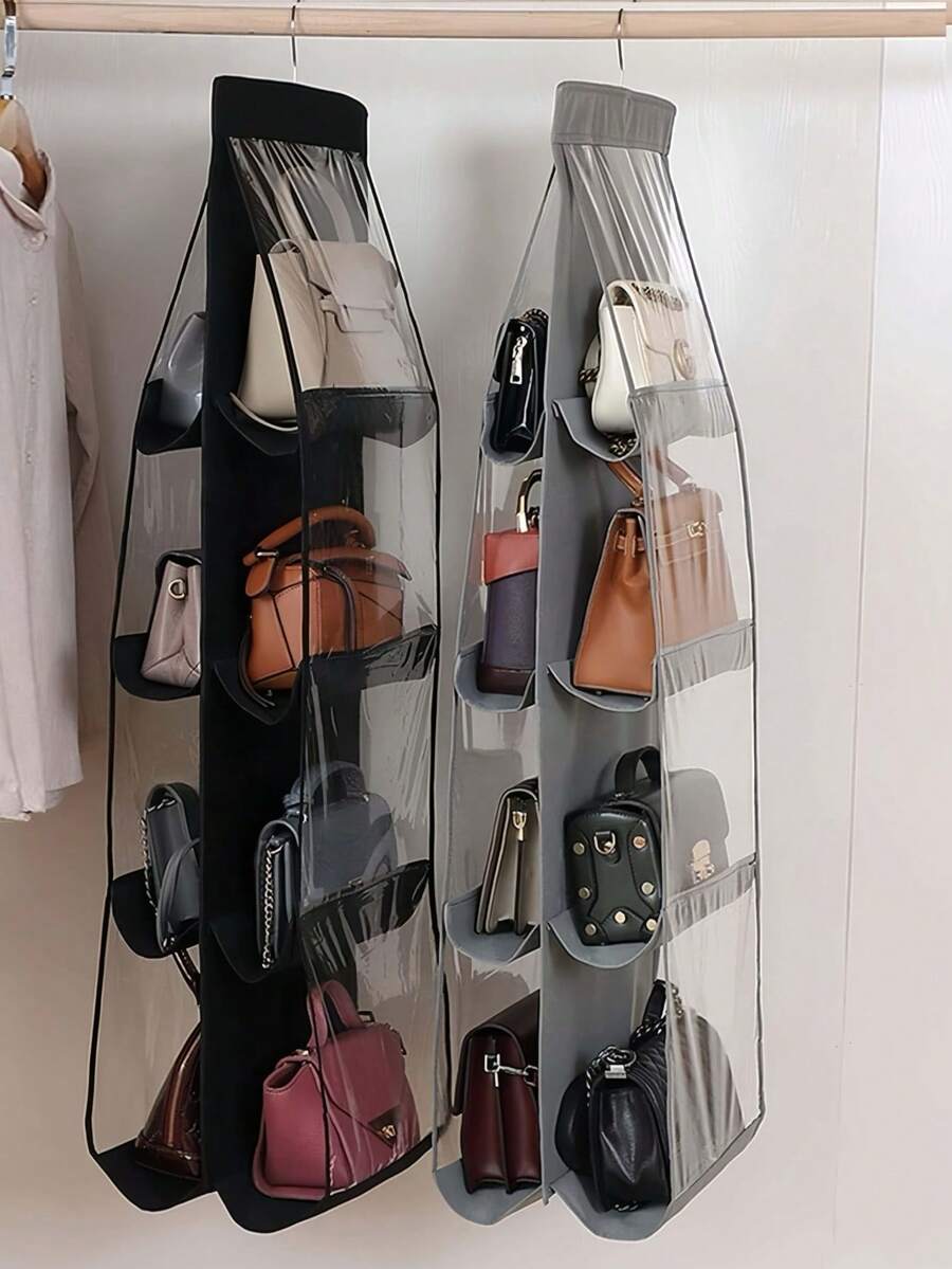 1/2 chiếc túi vải treo hai mặt có lưới 6/8 inch, túi đựng đồ nhiều lớp dùng trong tủ quần áo, giá để ví, giày dép, quần áo, tiết kiệm không gian tủ đồ gia đình, đồ dùng thiết yếu khi đi du lịch, phụ kiện trang trí nhà cửa tối giản mùa xuân hè dành cho nữ.