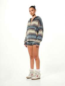 SUMWON WOMEN 宽松版型渐变色蓬松针织条纹连帽拉链毛衣，带帽子和口袋，秋冬舒适开衫 - 彩色 - 查看 4