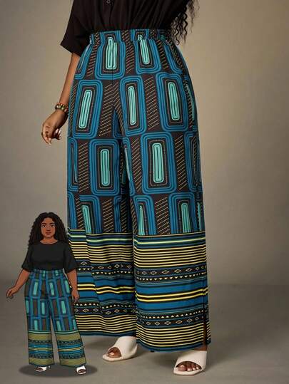 EMERY ROSE Plus Size Women Geometric Print Casual Versatile Pants, Suitable For Vacation African Print Wide Leg Palazzo Pants Valentine's Day, Mother , Holidays For Women,Spring/Summer