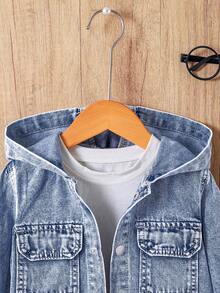 Girls' Light Blue Washed Denim Hooded Long Sleeve Jacket, Casual Loose Fit Denim Shirt Style Coat, Soft & Lightweight Fabric, Suitable For Daily Wear, School, Commute, Party, Home, Back To School Season, Holiday - Medium Wash - View 3