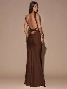 SHEIN BAE Sexy Minimalist Solid Color Yellow/Cream Deep V-Neck Sleeveless Backless Tie Dress, Suitable For Parties, Cocktail Events, Formal Occasions, Bridesmaid Dresses, Birthday Dresses, Yellow Satin Gown, Christmas, Banquet, Business Casual Sexy Brown Dress Brown Wedding Guest Dress Open Back Dresses - Coffee Brown - View 8