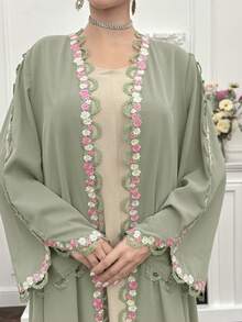 Yasmyna 女士优雅阿拉伯长袍，饰有贴花，长袖 - 橄欖綠 - 查看 4