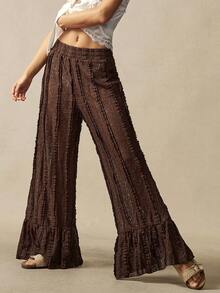 Bohemela BOHO Vacation Casual Brown Knit Lace Loose Wide Leg Pants For Women - Mocha Brown - View 2