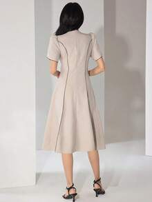 Heiryn Women's Elegant Commuter Contrast Trim Puff Sleeve Mini Dress - Apricot - View 2