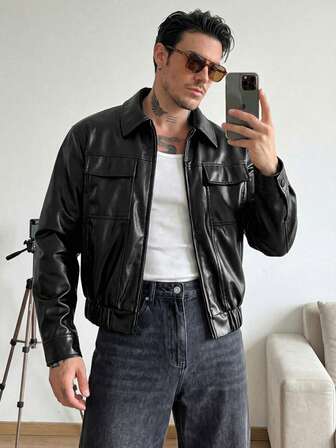 GENTILAND Giacca in pelle sintetica da uomo con cerniera, colletto, tasche utility, manica lunga, tinta unita