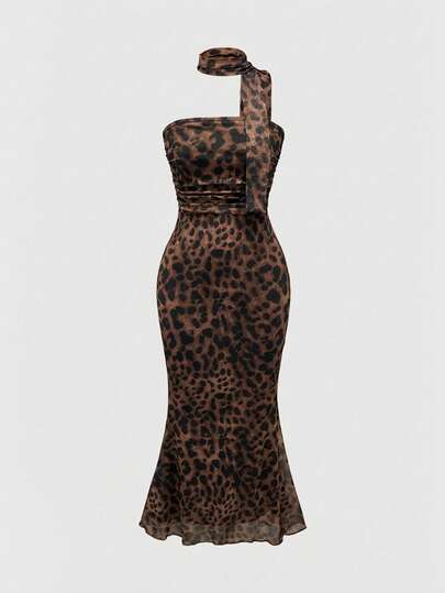 J-Fashion Women's Bodycon Spaghetti Strap Leopard Print Fishtail Dress