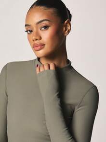 MISSGUIDED Ribbed Long Sleeve High Neck Fitted Top Olive Green Athleisure Training Essential - Grass Green - View 5