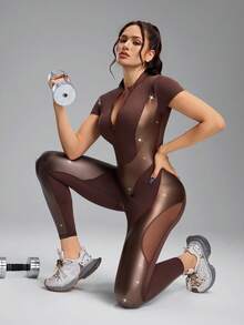 Innovista 1件装女士短袖拉链前开式马术连体服 - 棕色 - 查看 4