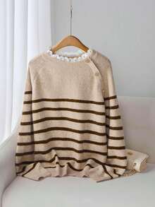 Franclia Women's Vintage Lace Collar Striped Raglan Sleeve Pullover Knit Sweater,Plus Size,Autumn,Beige,Elegant,Everyday Brown Modest Neutral Knitted Tops - Khaki - View 1