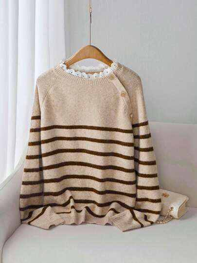 Franclia Women's Vintage Lace Collar Striped Raglan Sleeve Pullover Knit Sweater, Plus Size Plus Size, Autumn/Winter Neutral Tops Modest Top Brown Sweater Knit Tops Knitted Cover Up