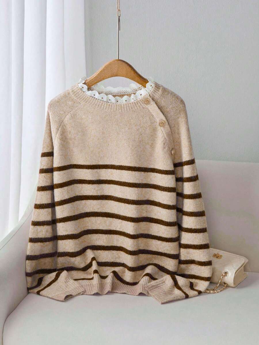 Franclia Women's Vintage Lace Collar Striped Raglan Sleeve Pullover Knit Sweater,Plus Size,Autumn,Beige,Elegant,Everyday Brown Modest Neutral Knitted Tops - Khaki - View 1