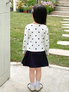 Young Girl Heart Pattern Ruffle Collar Bow Tie Fitted Long Sleeve Cropped Casual Elegant T-Shirt, Black, Sweet & Cool Girl, Personalized Sweet, School Style, Back To School Season - White - View 2