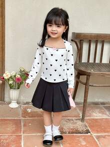 Young Girl Heart Pattern Ruffle Collar Bow Tie Fitted Long Sleeve Cropped Casual Elegant T-Shirt, Black, Sweet & Cool Girl, Personalized Sweet, School Style, Back To School Season - White - View 4