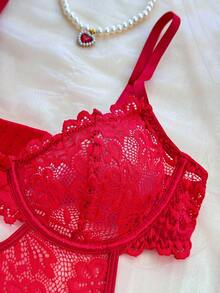 SHEIN 4 件装花卉蕾丝镂空水钻细节钢圈紧身胸衣内衣套装，适合狂欢派对和坏蛋造型