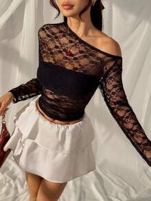 SHEIN EZwear 性感透视黑色蕾丝不对称领口女式T恤 - 黑色 - 查看 9