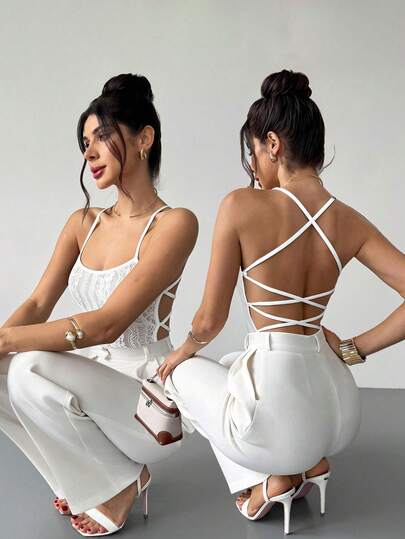 Firerie Women's Elegant Romantic Bohemian Print Criss-Cross Backless Bodysuit, Suitable For Hawaiian Beach Vacation And Dates