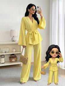 Firerie Bộ áo khoác cardigan cạp rộng thanh lịch, giản dị, đi nghỉ mát, đi làm mới dành cho nữ và quần cạp chun, Bộ áo cánh dài tay đơn giản, thiết kế quấn, dây rút, quần cạp chun, trang trọng, bohemian, hẹn hò, đám cưới, công sở, trang phục xuân thu đông, bộ đồ thường ngày rộng rãi, bộ màu vàng kem - Vàng nhạt - Xem 2