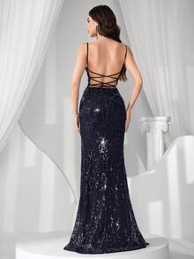 Coutiva 女士蕾丝亮片交叉露背美人鱼开衩正式礼服，海军蓝正式晚礼服晚宴礼服，情人节 - 藏蓝色 - 查看 2