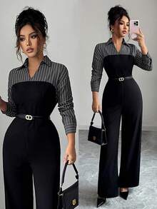 Rafferiza Women's Elegant Patchwork Long Sleeve Jumpsuit, Suitable For Commuting - Black - View 7